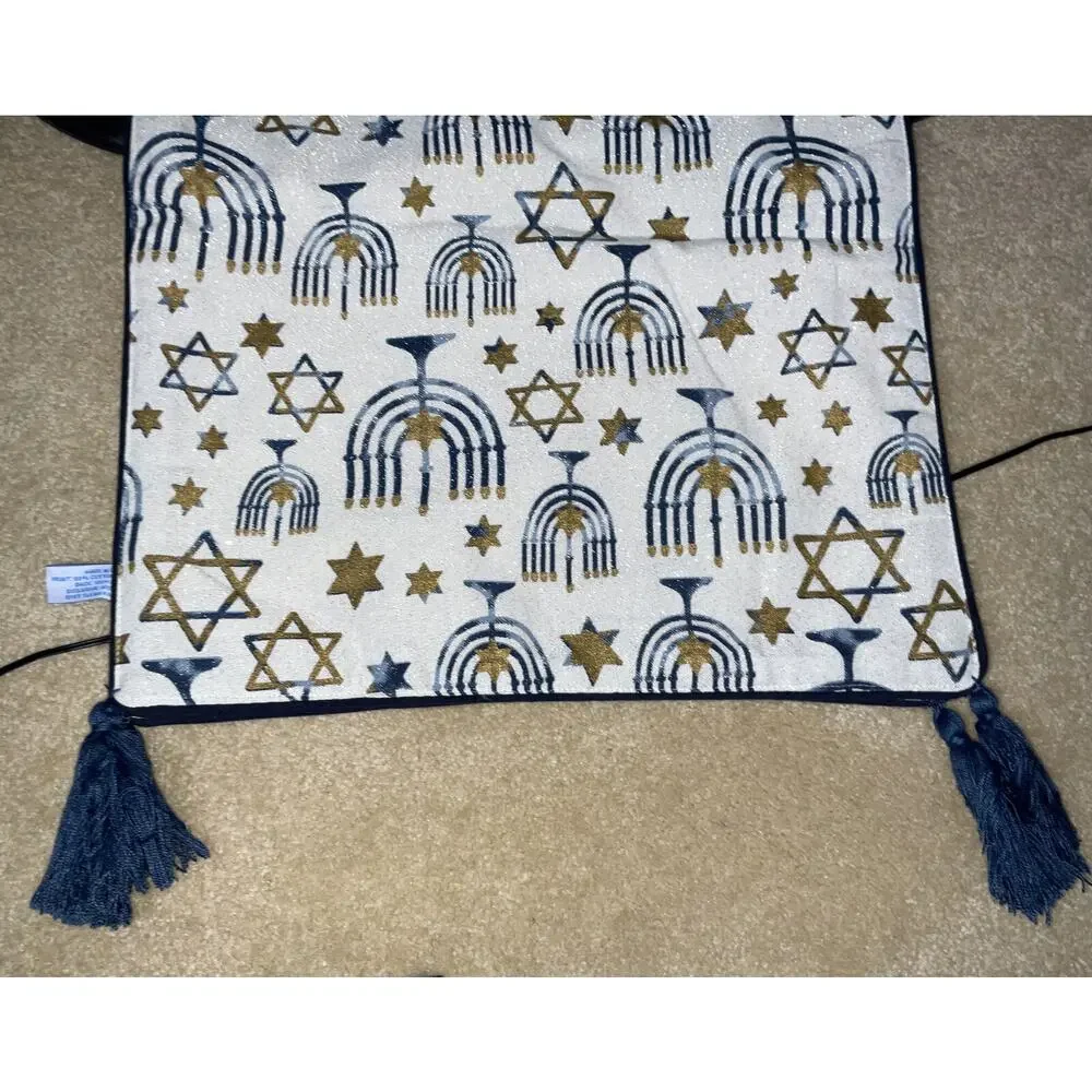 NEW HANUKKAH TABLE RUNNER 16x72” STAR OF DAVID MENORAH GOLD BLUE METALLIC